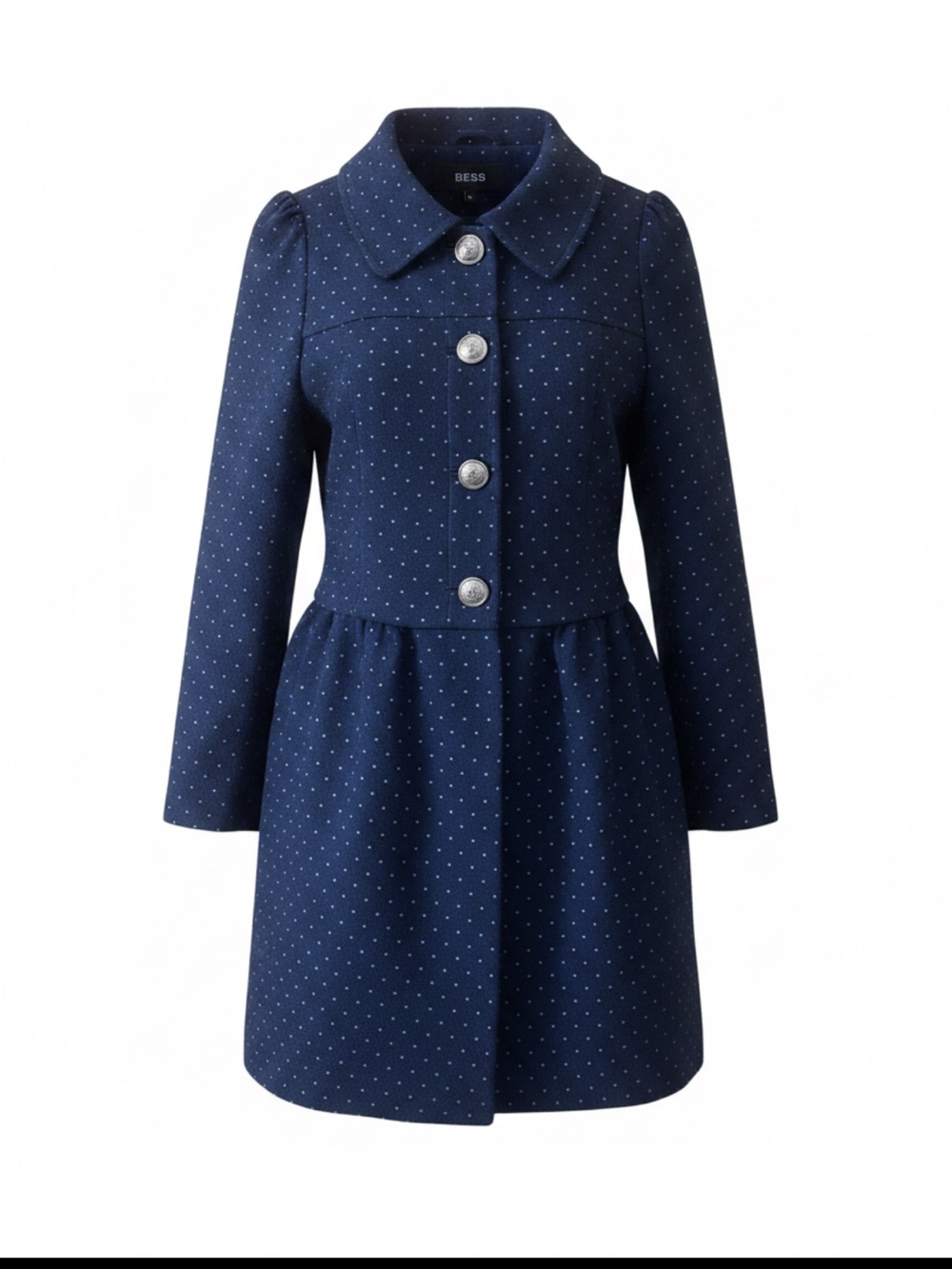 BESS Navy Blue Polka Dot Wool Blend
Fit & Flare Trench Coat Jacket S RARE